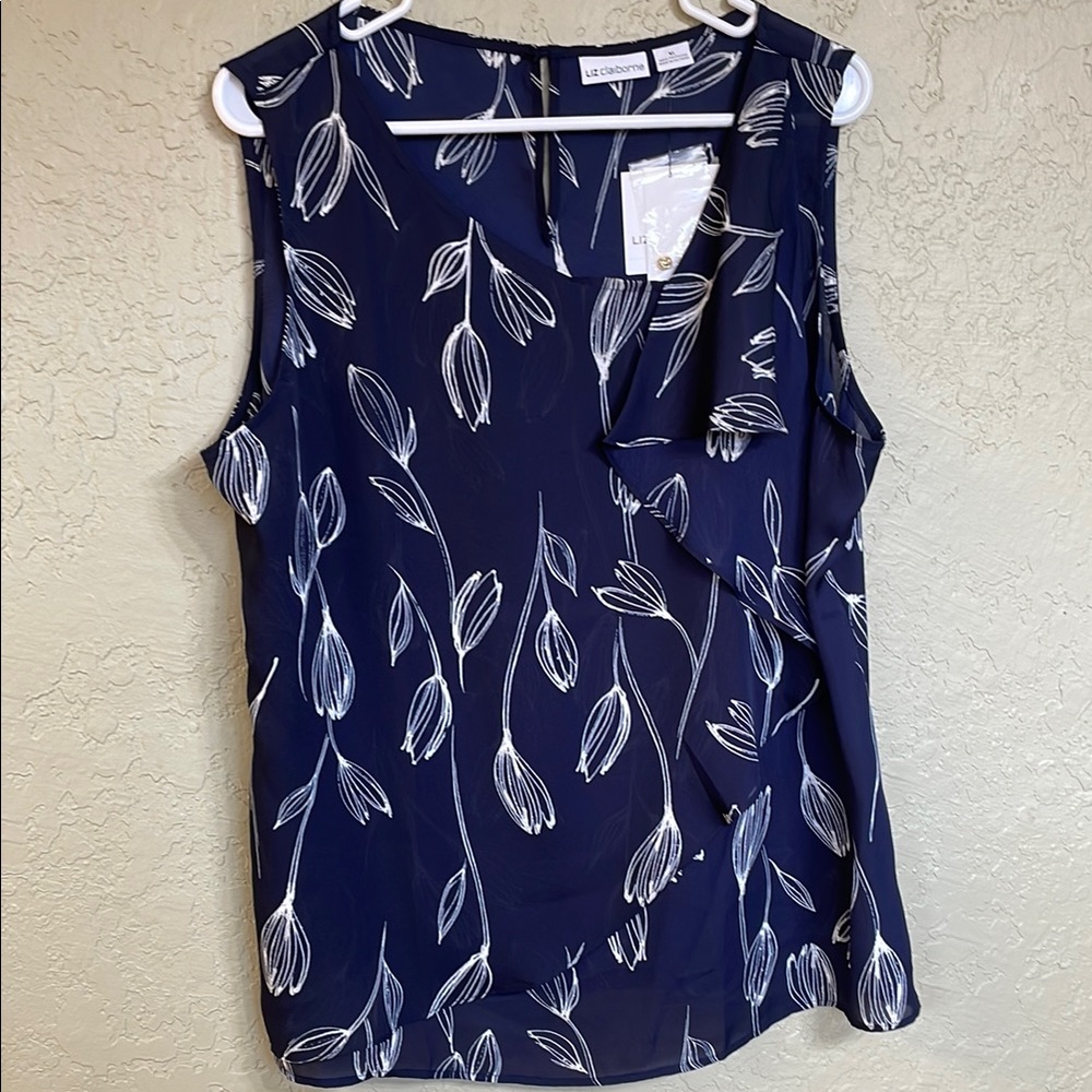 Liz Claiborne Navy Blouse with White Leaf Pattern